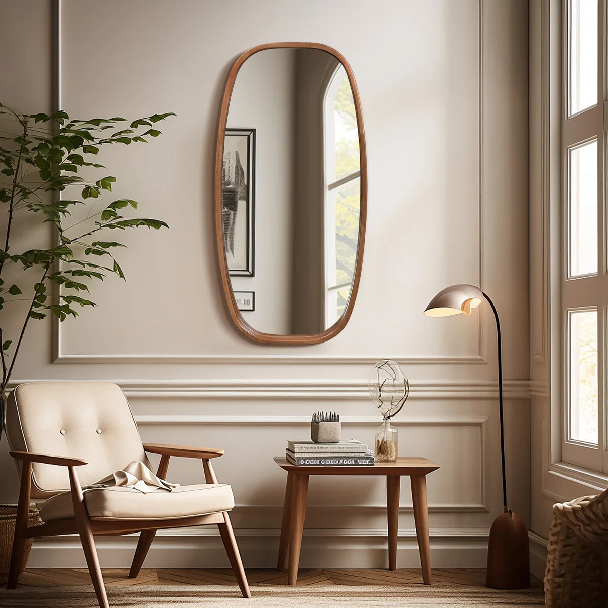 Curved rectangular wall mirror with a natural wooden frame hanging on a light-colored wall.