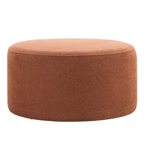 Round ottoman with reddish-brown textured fabric, smooth top, and vertical sides, styled for contemporary interiors.