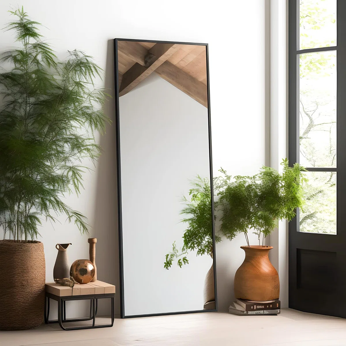 Mirror reflection of a modern living room with checkered armchair, beige sofa, wooden coffee table, console table with decor, white textured rug, and abstract wall art.