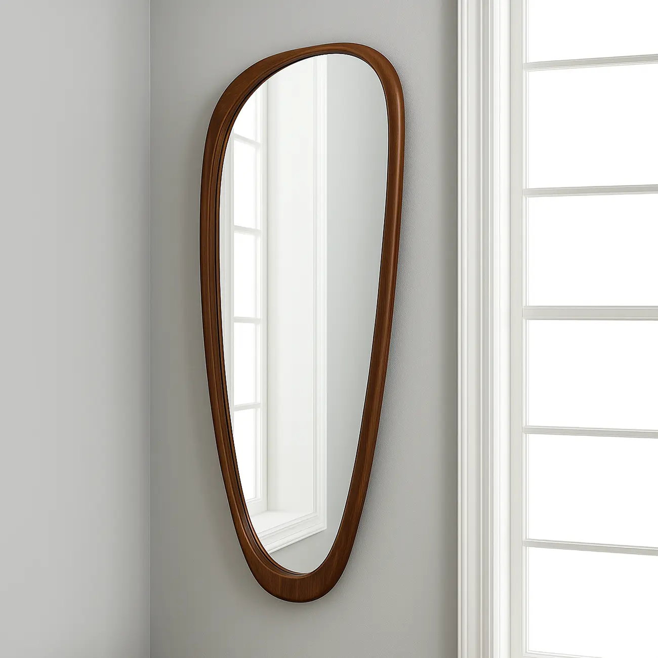 Wall-mounted mirror with an elongated, asymmetrical wooden frame on a light gray wall, reflecting a white-paned window in a minimalist interior.