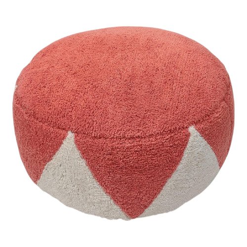 Round cotton pouffe with terracotta top and geometric ivory-and-terracotta side panels, hand-tufted for a plush textured finish.