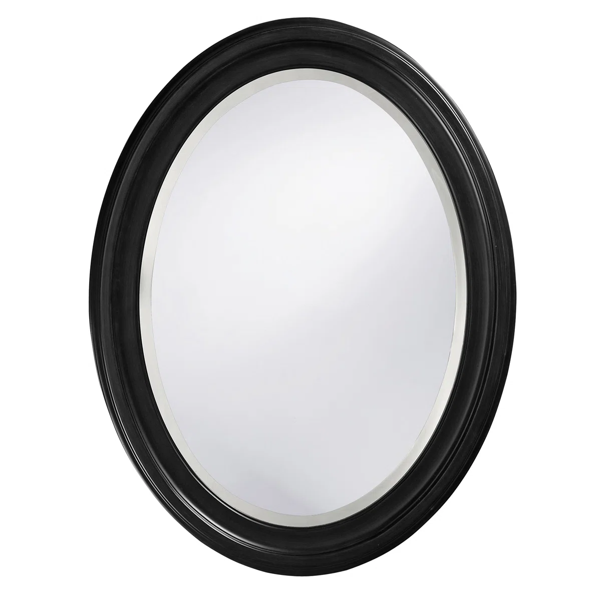 Oval wall mirror with black frame and metallic inner trim.