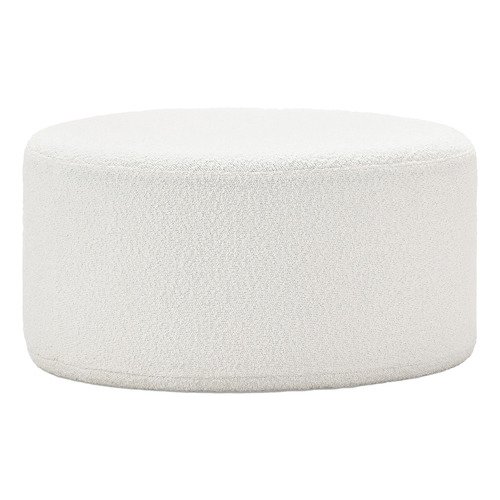 White round ottoman with soft textured boucle fabric and minimalist design, suitable for indoor use.