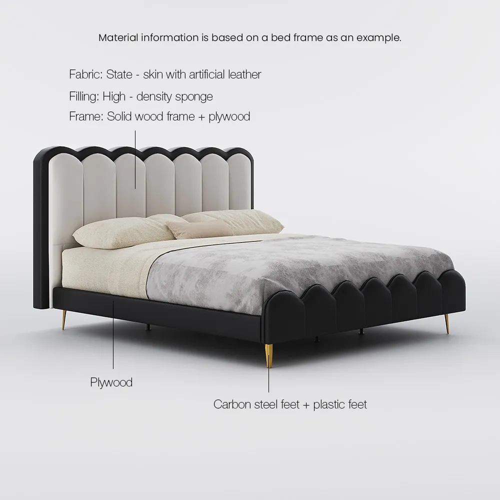 A luxurious bedroom featuring a scalloped headboard upholstered in alternating black and white segments, paired with a matching bench in white fabric and gold legs.