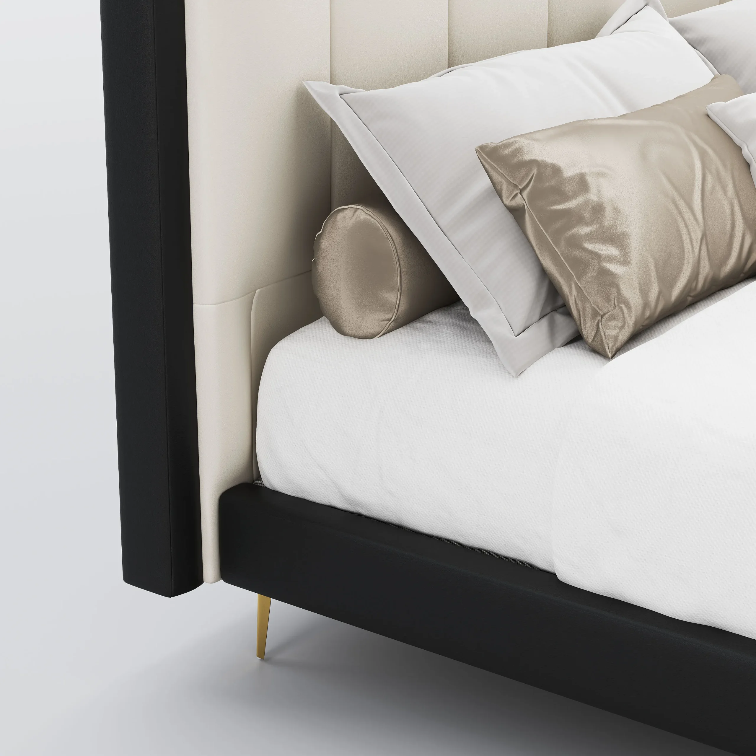 A luxurious bedroom featuring a scalloped headboard upholstered in alternating black and white segments, paired with a matching bench in white fabric and gold legs.