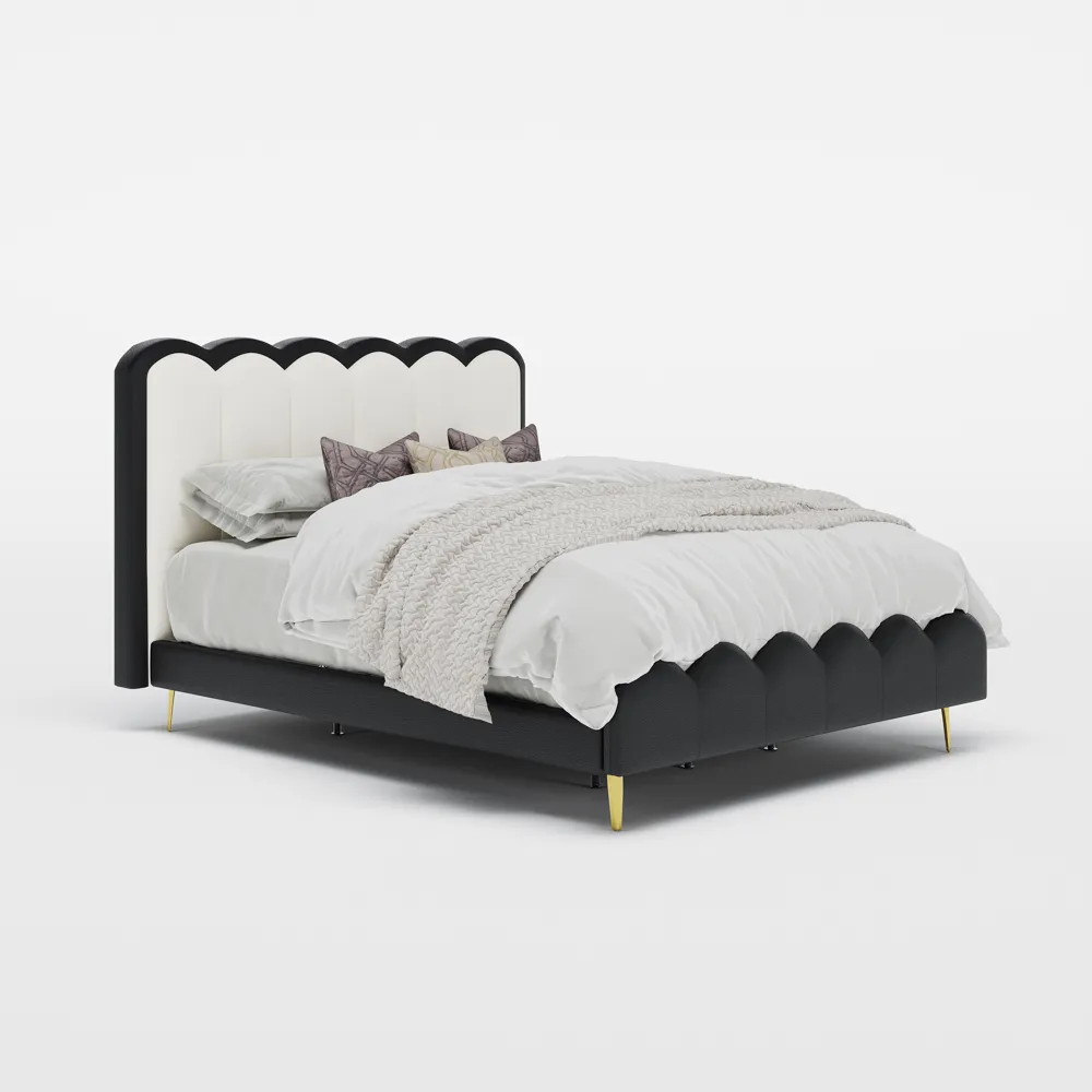 A luxurious bedroom featuring a scalloped headboard upholstered in alternating black and white segments, paired with a matching bench in white fabric and gold legs.