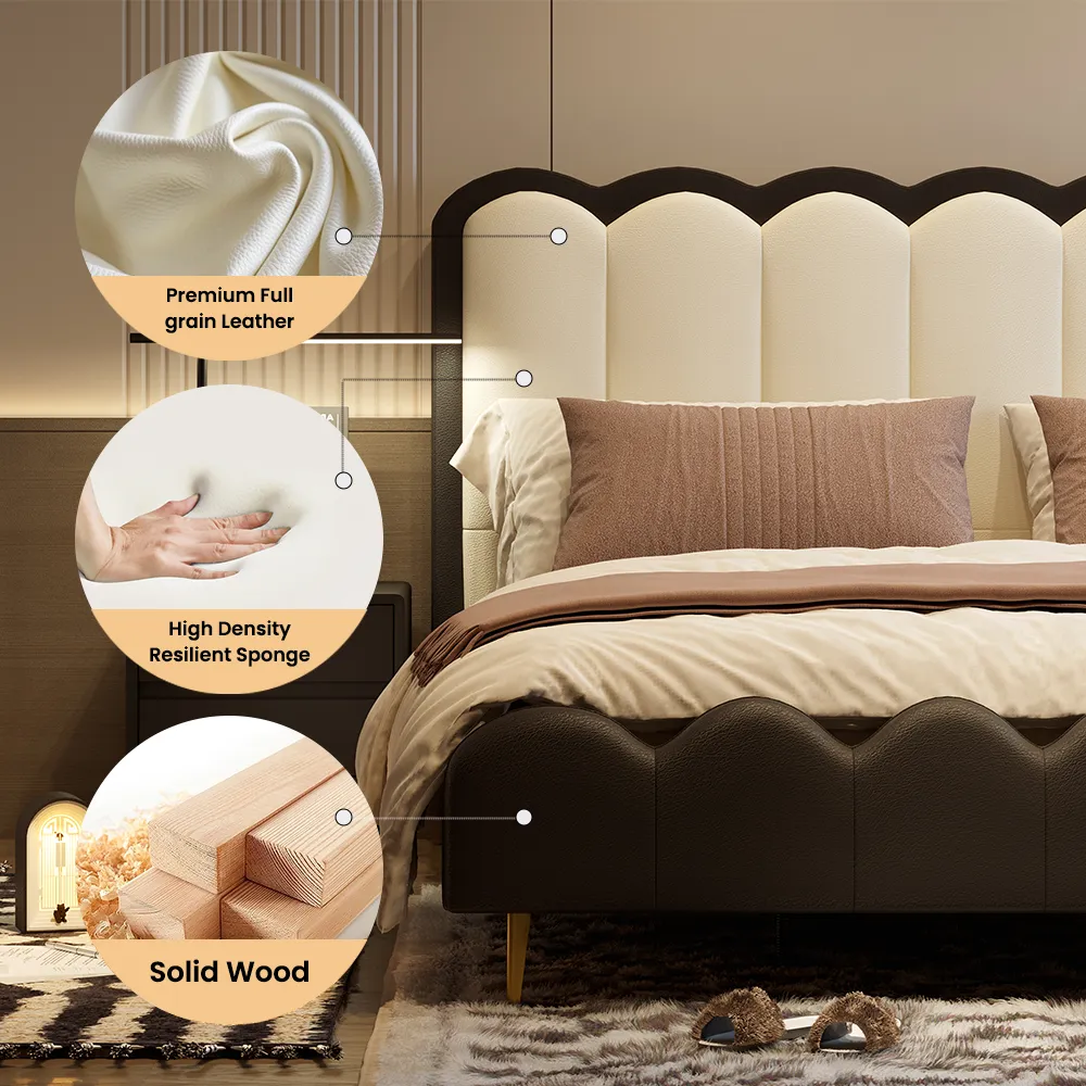 A luxurious bedroom featuring a scalloped headboard upholstered in alternating black and white segments, paired with a matching bench in white fabric and gold legs.