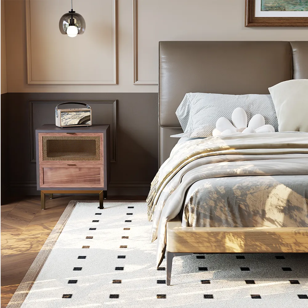 Queen-size coffee faux leather bed with metal legs, gray bedding, and wooden nightstands in a modern bedroom.
