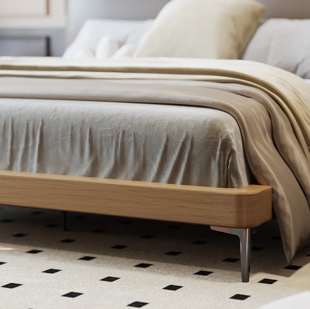 Queen-size coffee faux leather bed with metal legs, gray bedding, and wooden nightstands in a modern bedroom.