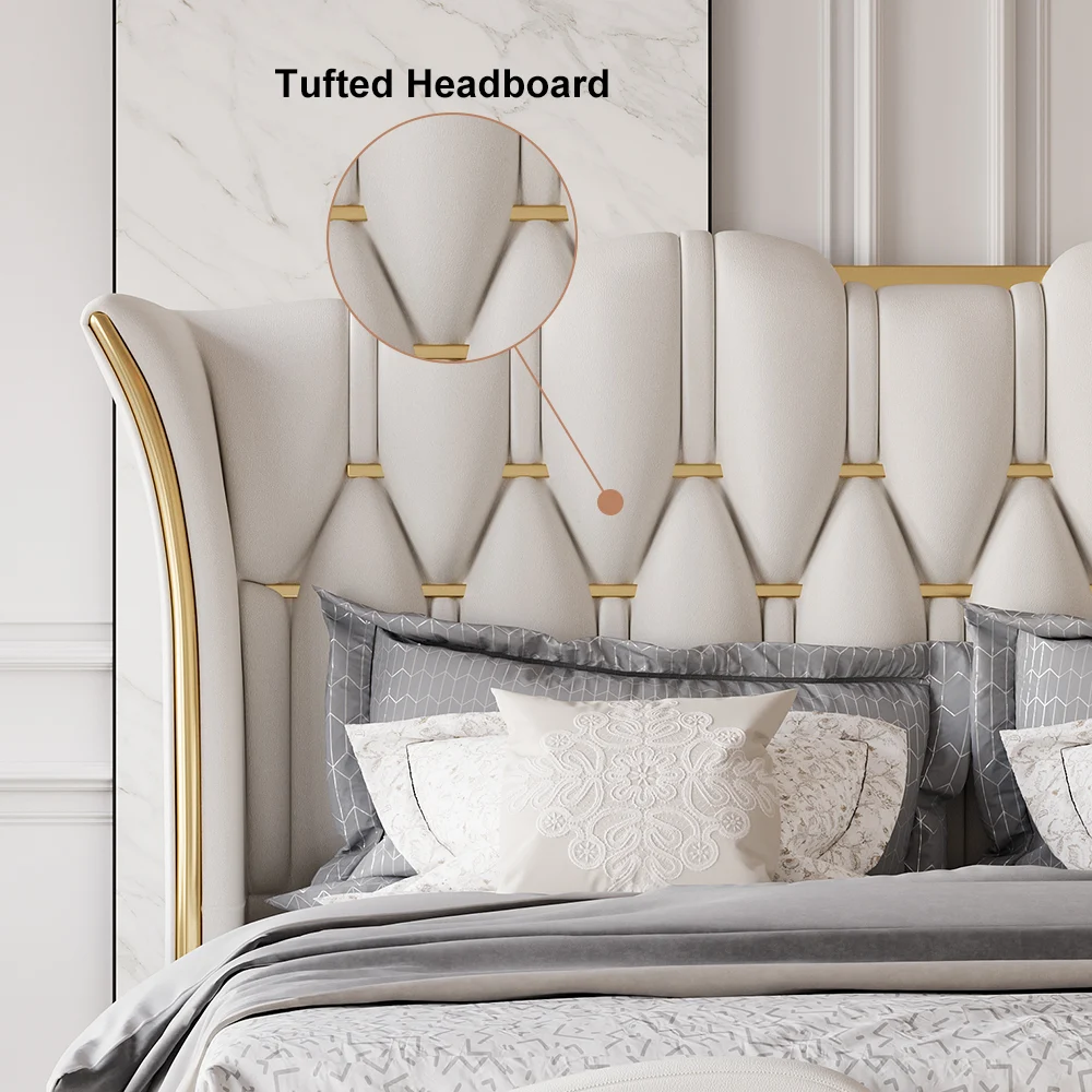 A luxurious queen-size bed featuring a tall, tufted wingback headboard with vertical stitching and gold accents