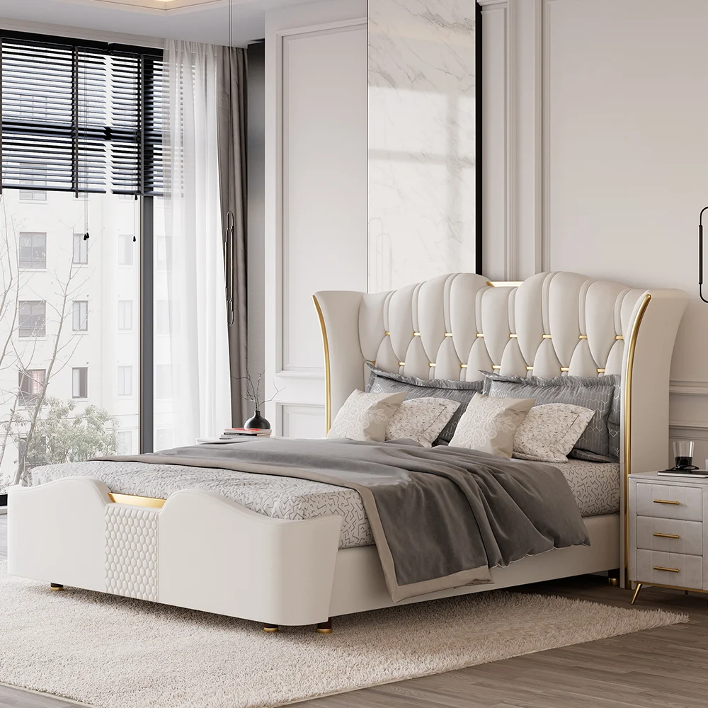 A luxurious queen-size bed featuring a tall, tufted wingback headboard with vertical stitching and gold accents