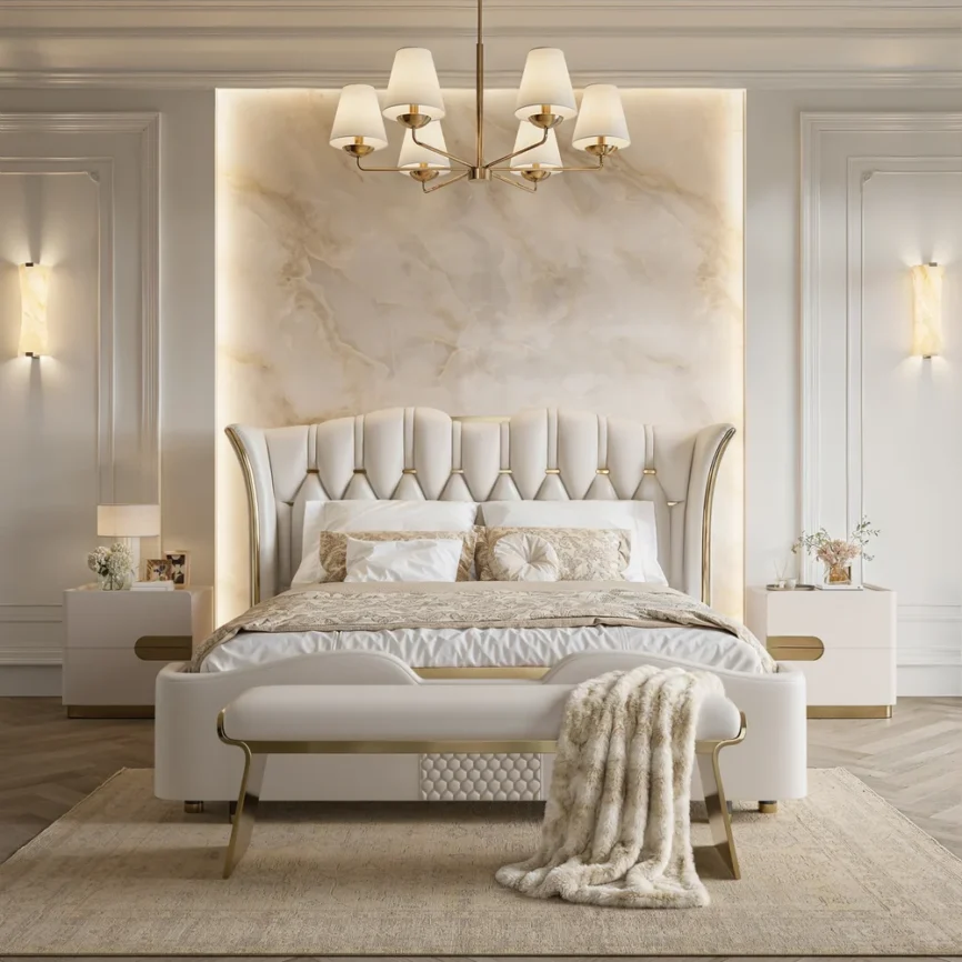 A luxurious queen-size bed featuring a tall, tufted wingback headboard with vertical stitching and gold accents