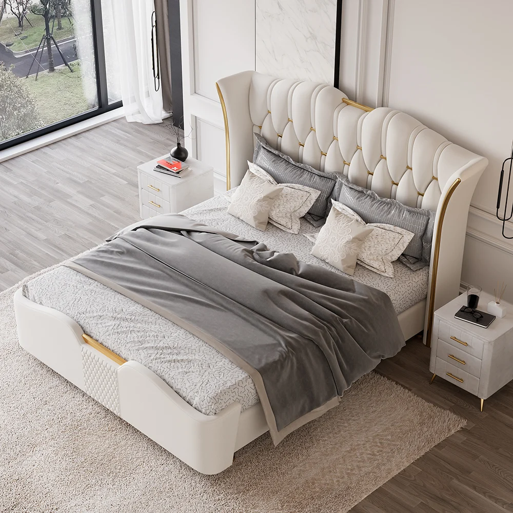 A luxurious queen-size bed featuring a tall, tufted wingback headboard with vertical stitching and gold accents