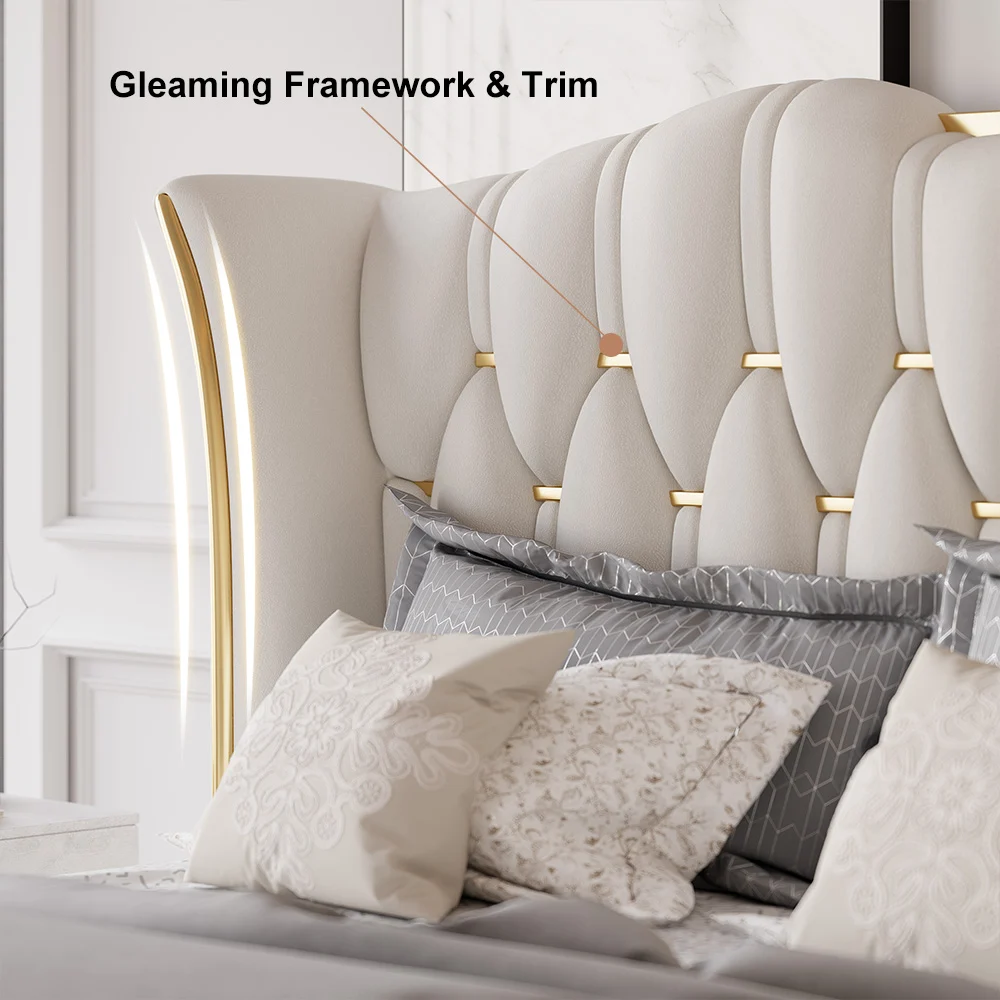 A luxurious queen-size bed featuring a tall, tufted wingback headboard with vertical stitching and gold accents