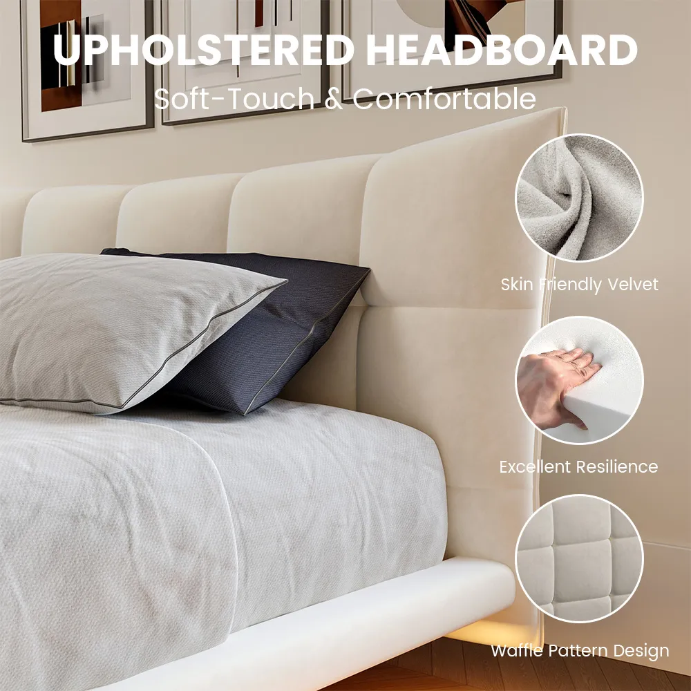 Beige velvet upholstered bed with smart lighting, dark bedding, and matching nightstands in a modern bedroom.