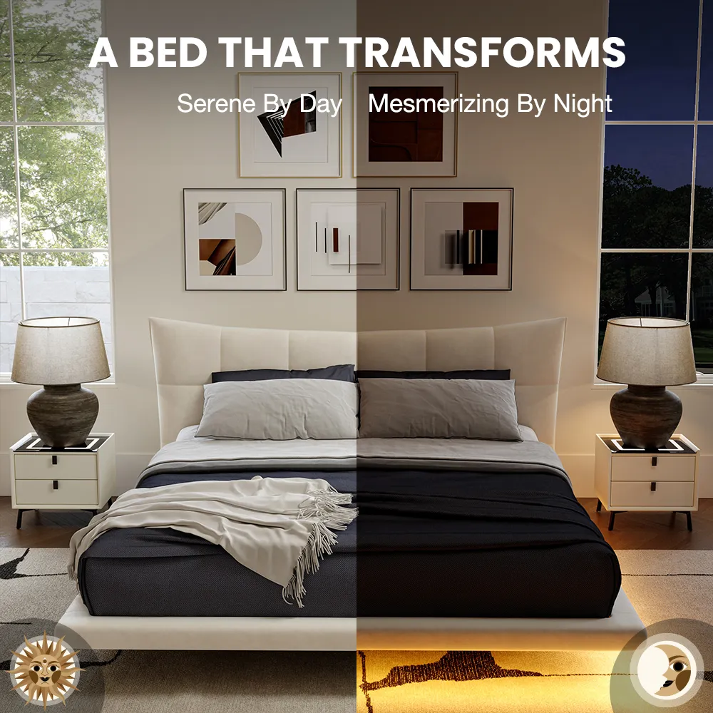 Beige velvet upholstered bed with smart lighting, dark bedding, and matching nightstands in a modern bedroom.