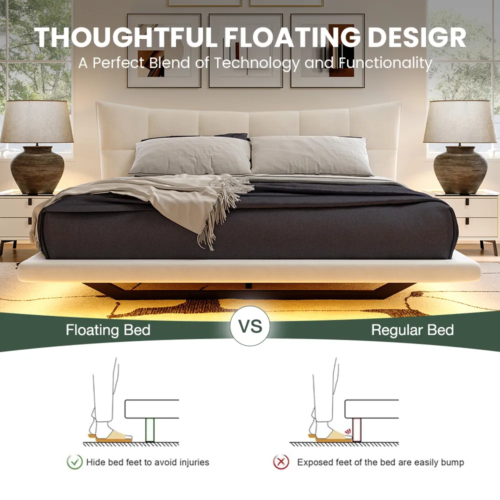 Beige velvet upholstered bed with smart lighting, dark bedding, and matching nightstands in a modern bedroom.