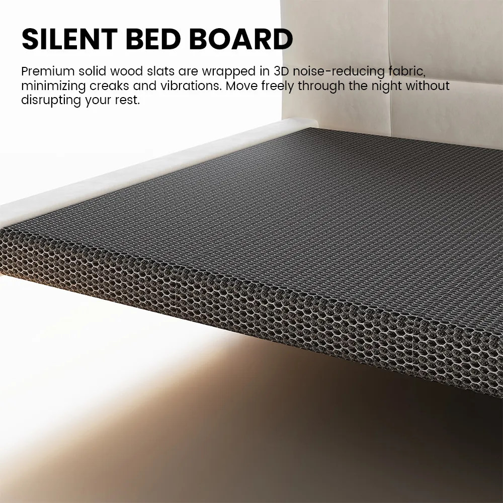Beige velvet upholstered bed with smart lighting, dark bedding, and matching nightstands in a modern bedroom.