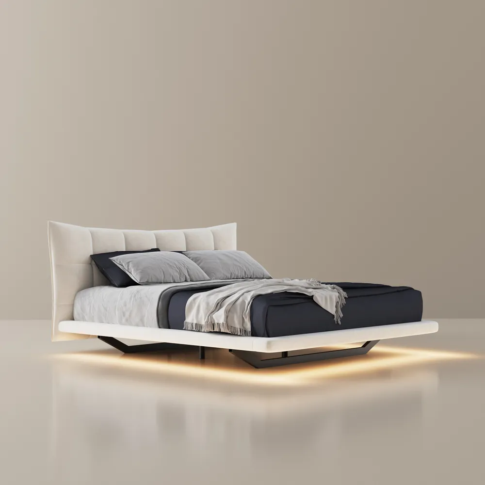 Beige velvet upholstered bed with smart lighting, dark bedding, and matching nightstands in a modern bedroom.