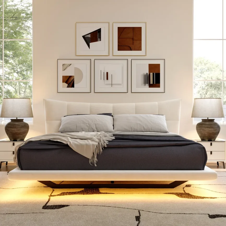 Beige velvet upholstered bed with smart lighting, dark bedding, and matching nightstands in a modern bedroom.