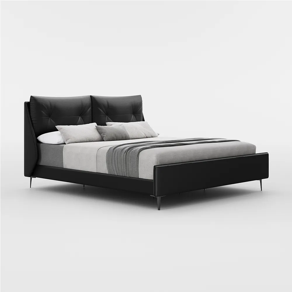 A sleek and modern bedroom featuring the Axis Black Faux Leather Bed with a wingback headboard.