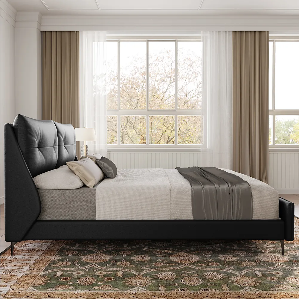 A sleek and modern bedroom featuring the Axis Black Faux Leather Bed with a wingback headboard.