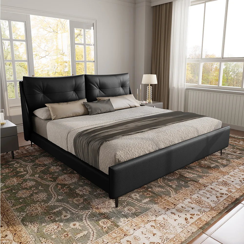 A sleek and modern bedroom featuring the Axis Black Faux Leather Bed with a wingback headboard.