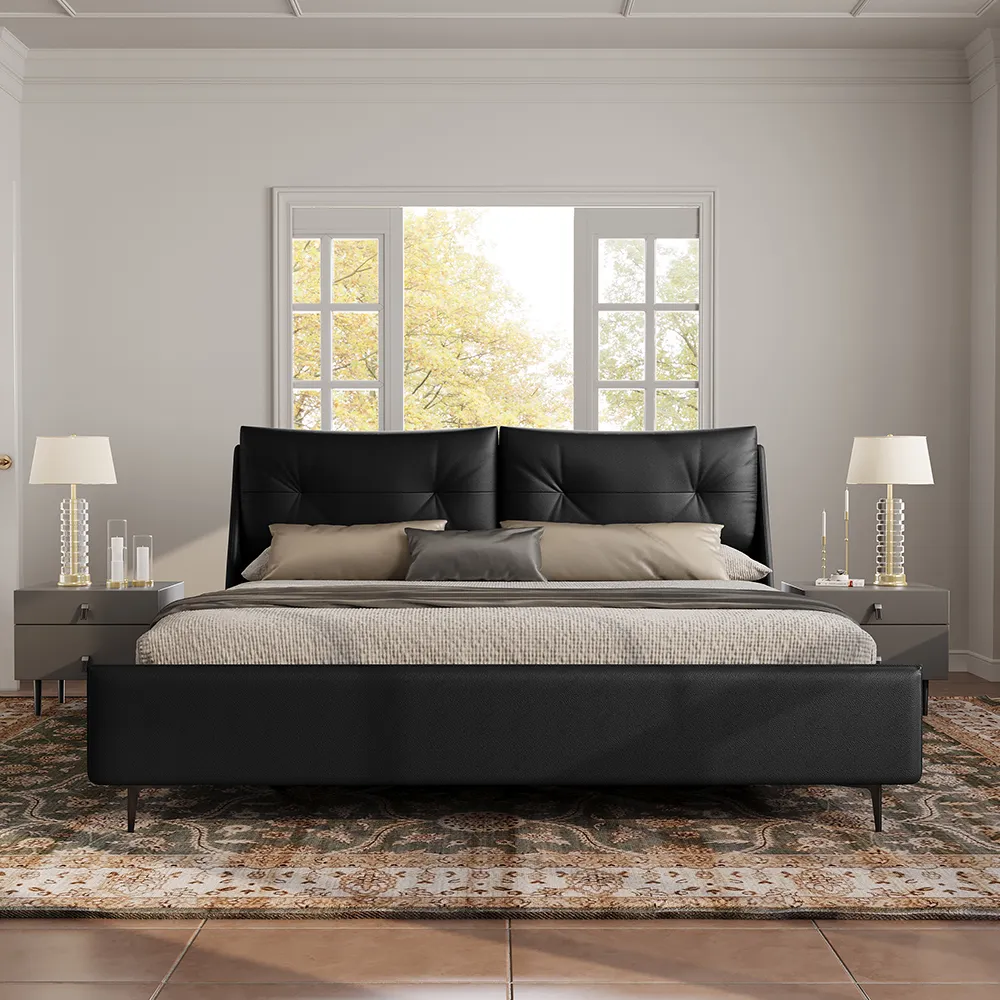 Axis Black Faux Leather Bed with wingback headboard, neutral bedding, and matching nightstands in a modern bedroom