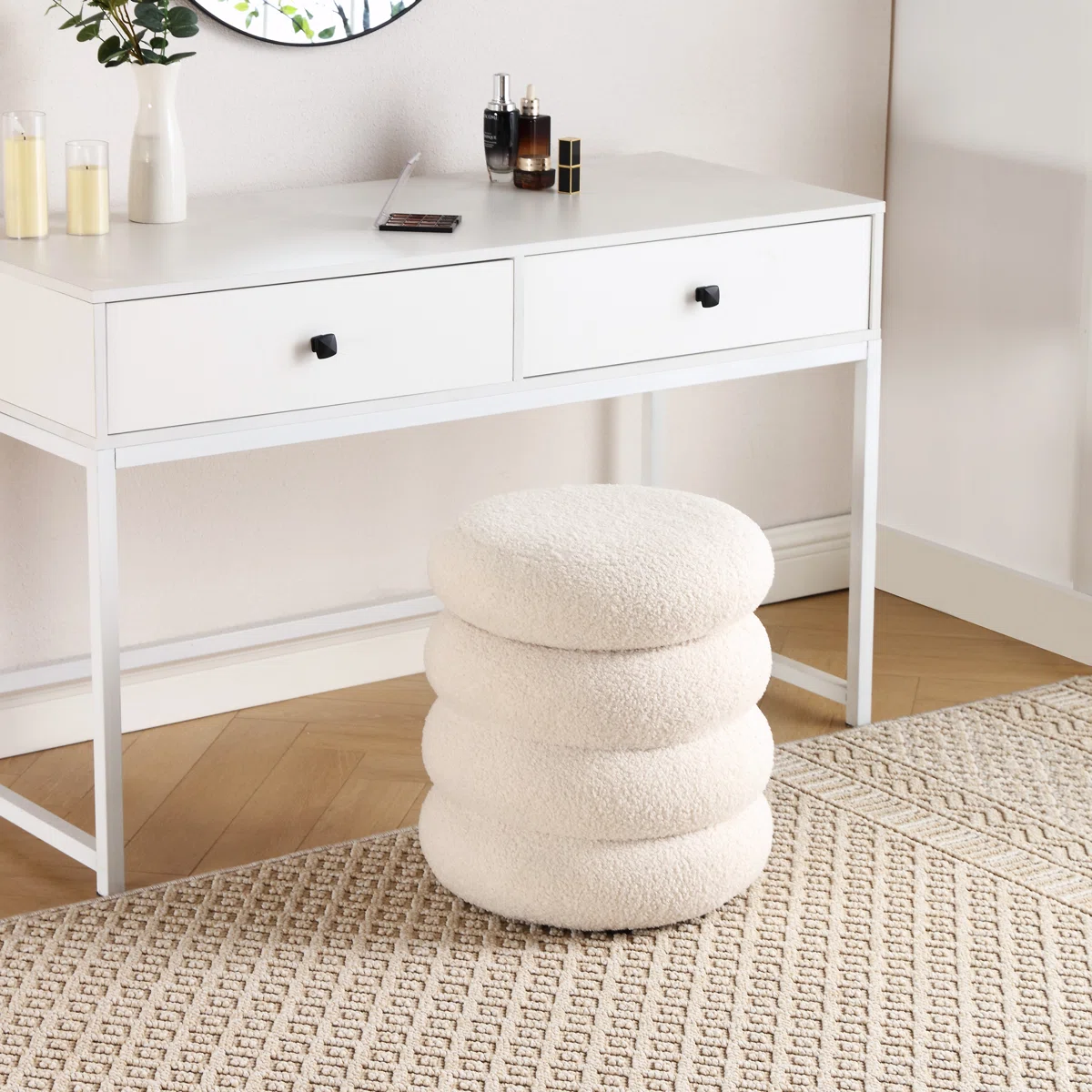boucle sculptural ottoman with stacked rounded design