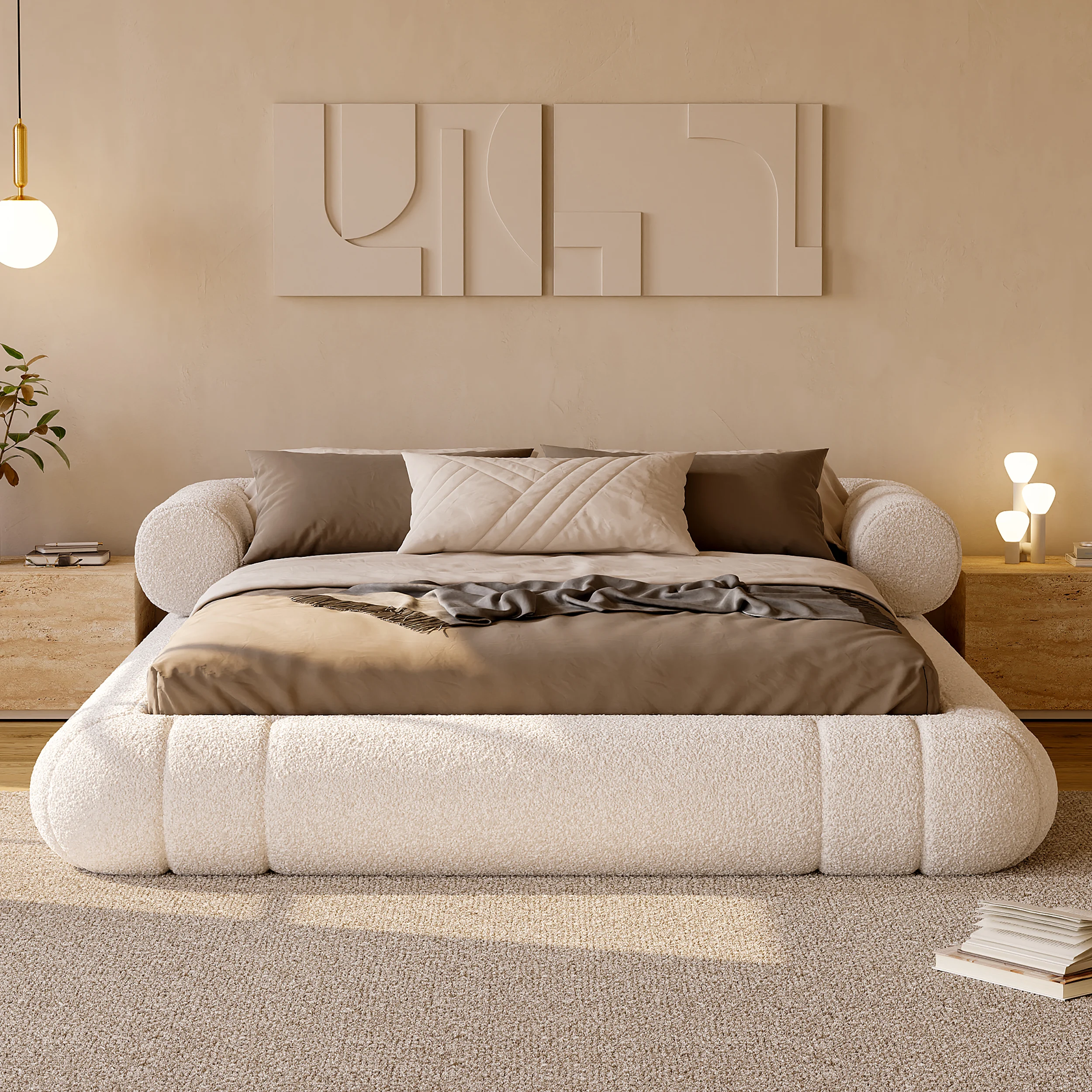White boucle upholstered floor bed with taupe bedding, rounded frame, and wooden nightstands in a modern bedroom.