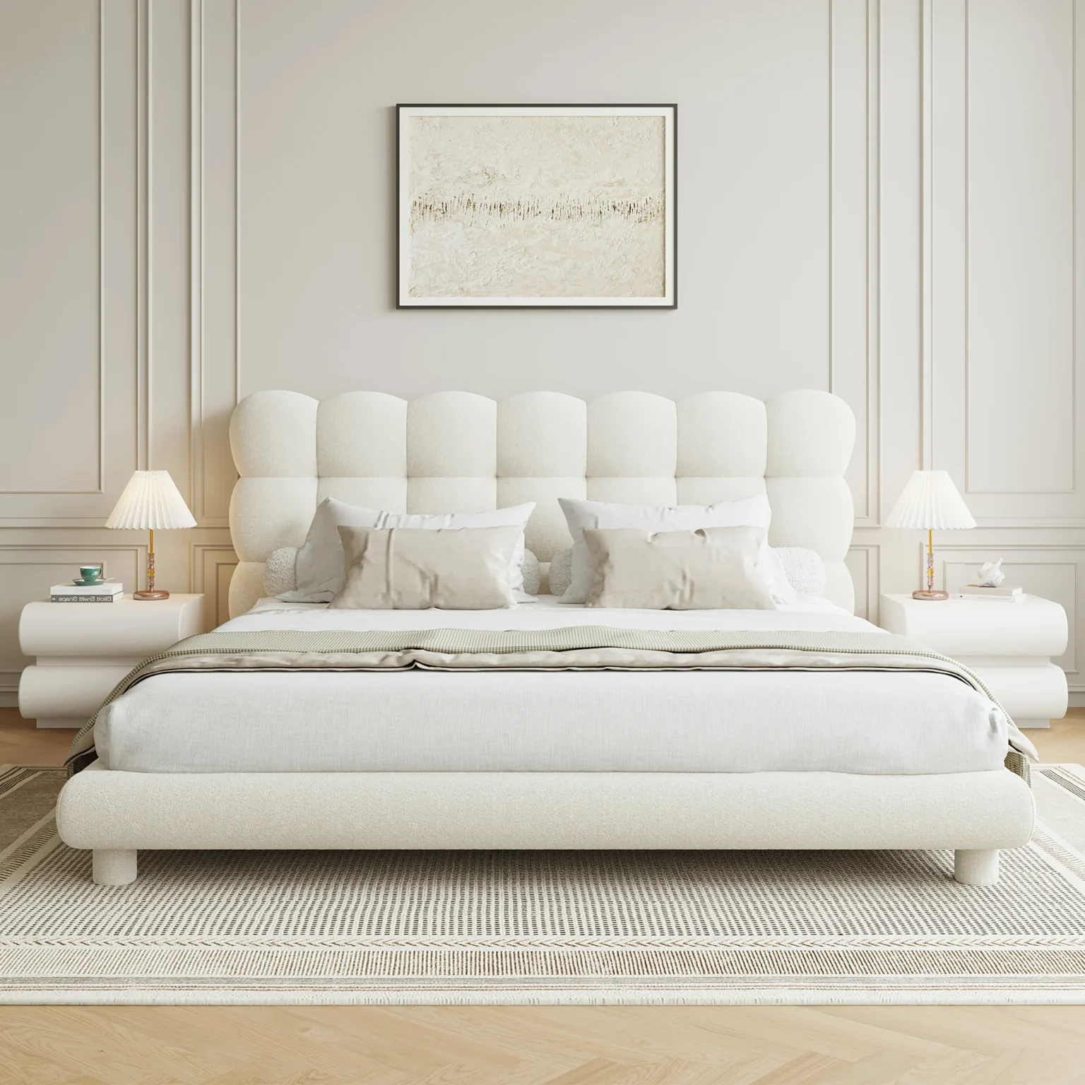 White boucle upholstered bed with tufted headboard, beige bedding, and matching nightstands in a modern bedroom.