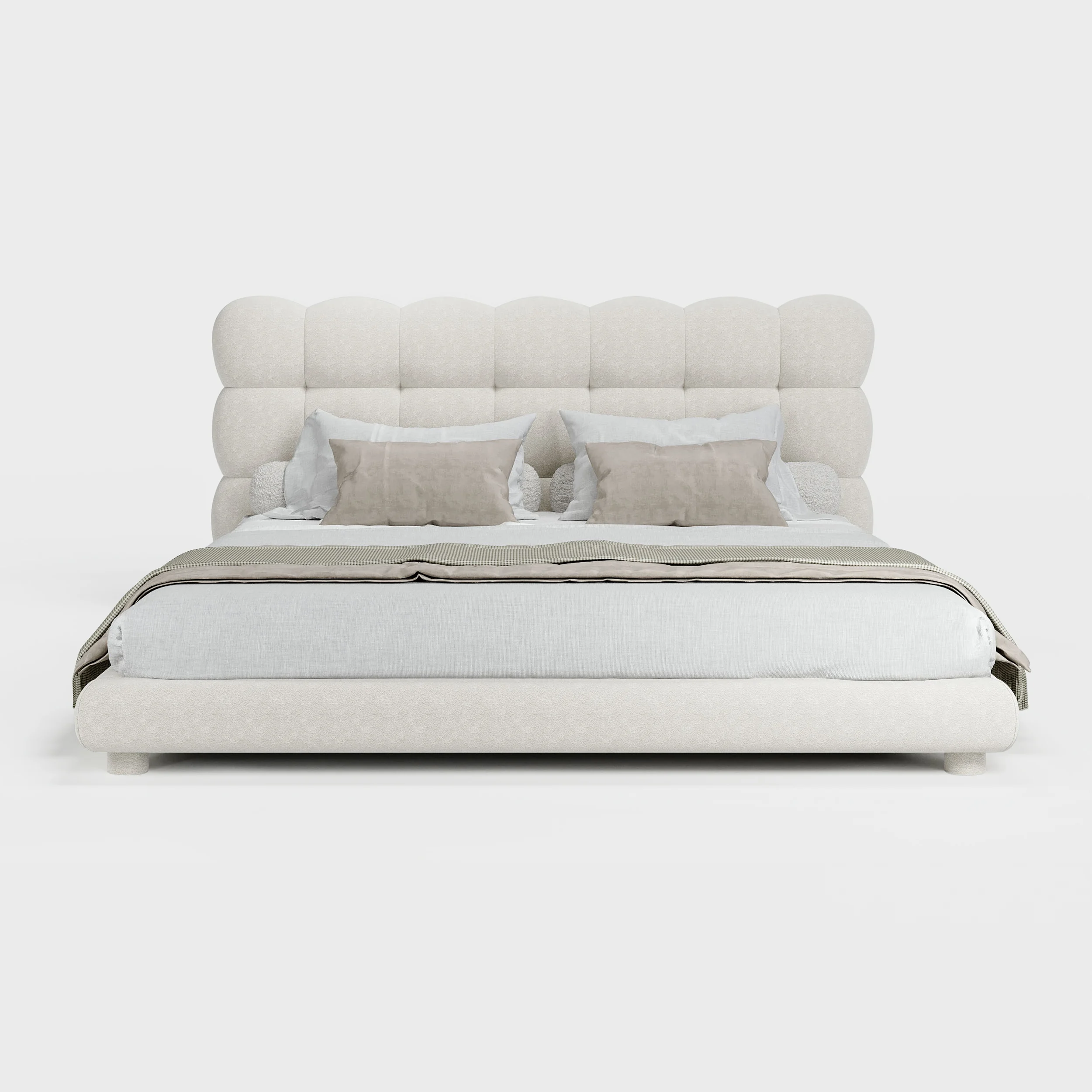 White boucle upholstered bed with tufted headboard, beige bedding, and matching nightstands in a modern bedroom.