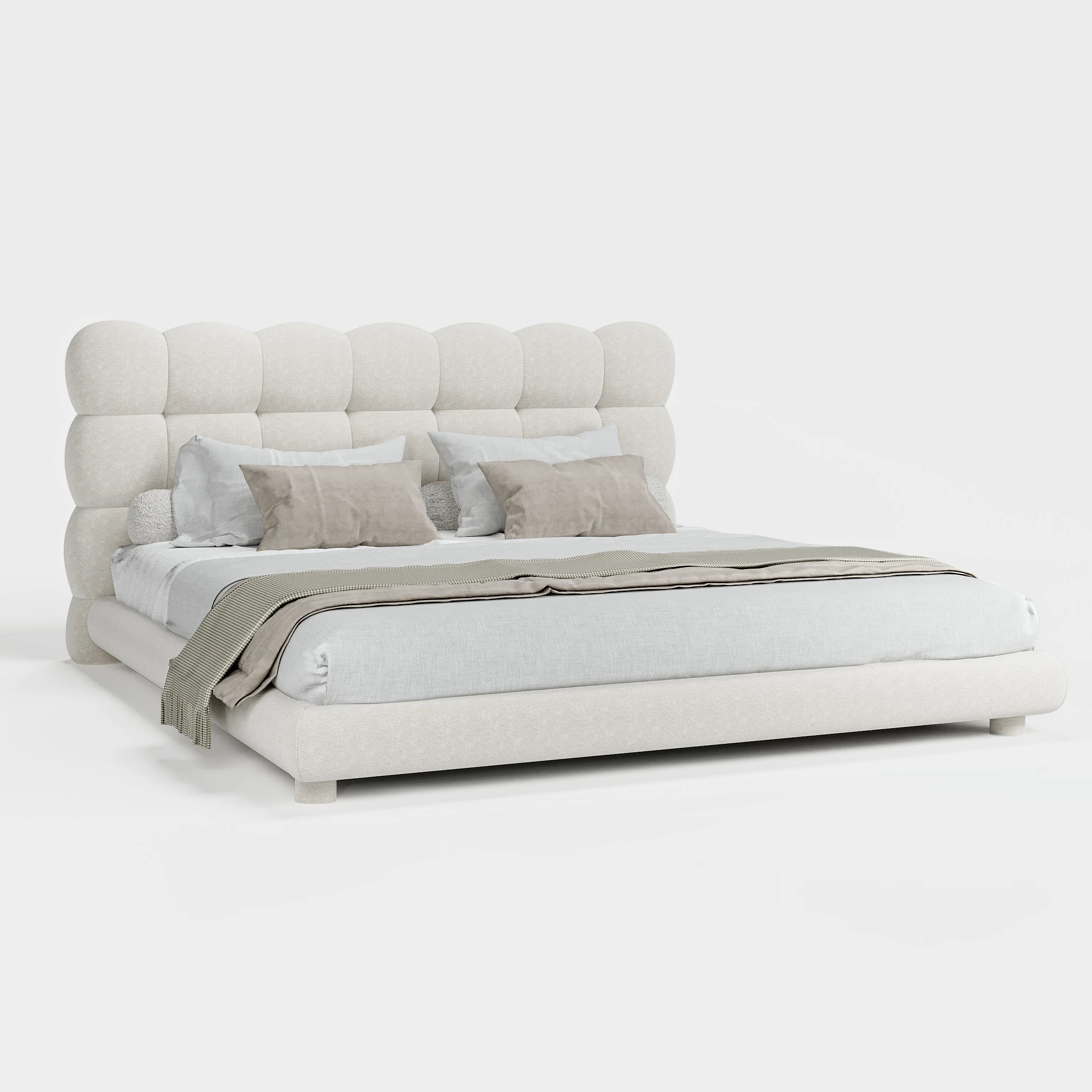 White boucle upholstered bed with tufted headboard, beige bedding, and matching nightstands in a modern bedroom.