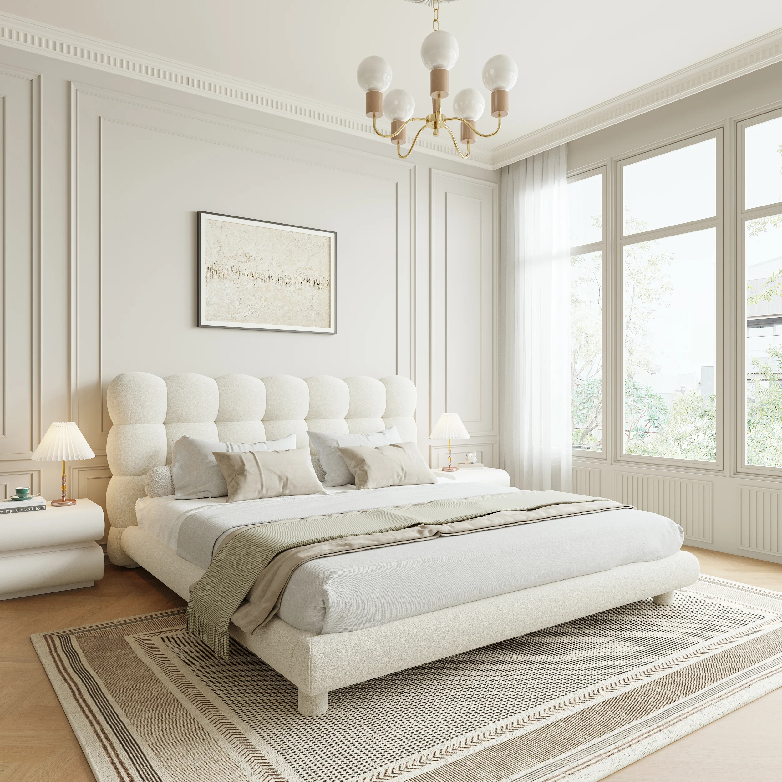White boucle upholstered bed with tufted headboard, beige bedding, and matching nightstands in a modern bedroom.