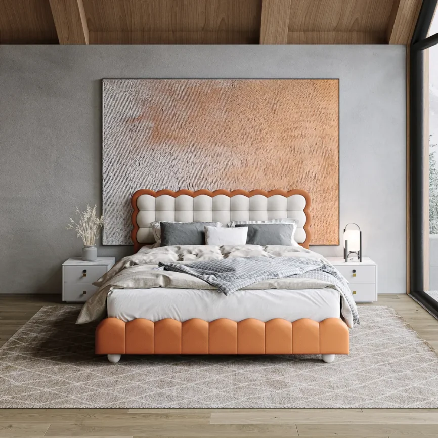 Cove Leather Bed in white and orange with scalloped headboard, neutral bedding, and modern nightstands in a stylish bedroom.