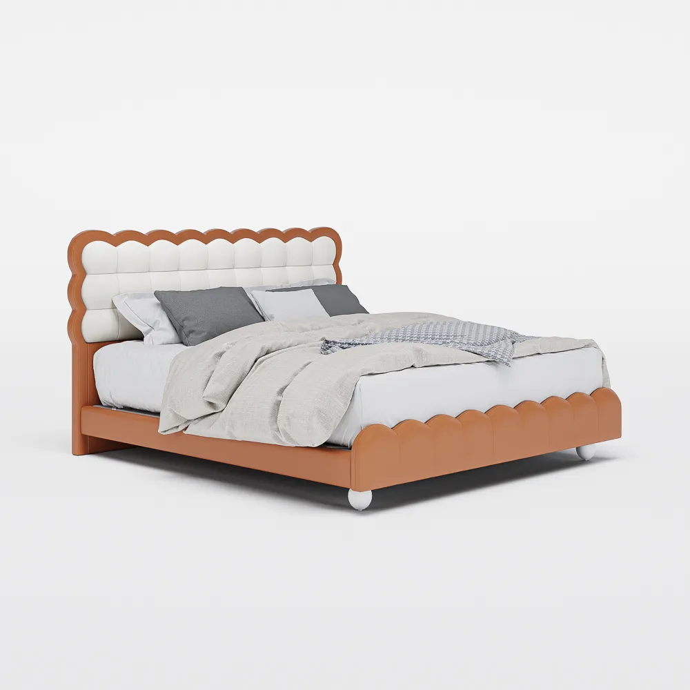 A contemporary bedroom featuring the Cove Leather Bed in white and orange, with a scalloped headboard and footboard design.