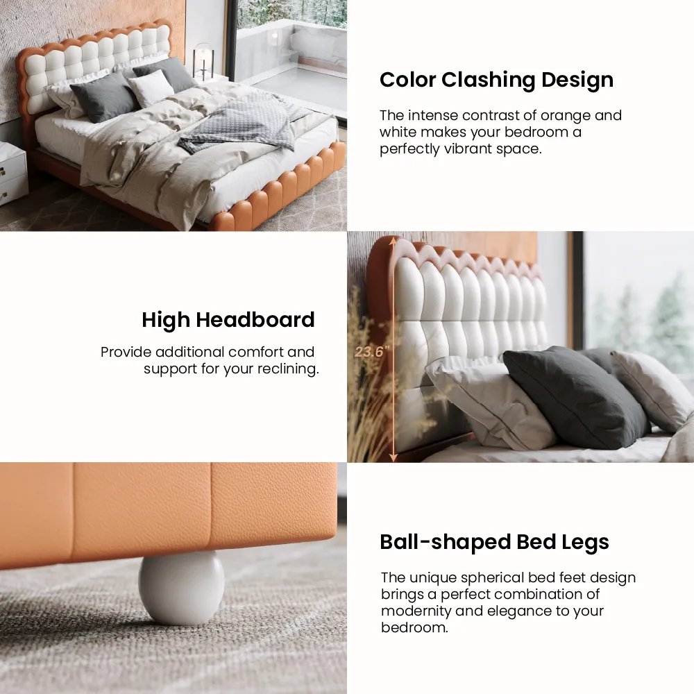 A contemporary bedroom featuring the Cove Leather Bed in white and orange, with a scalloped headboard and footboard design.