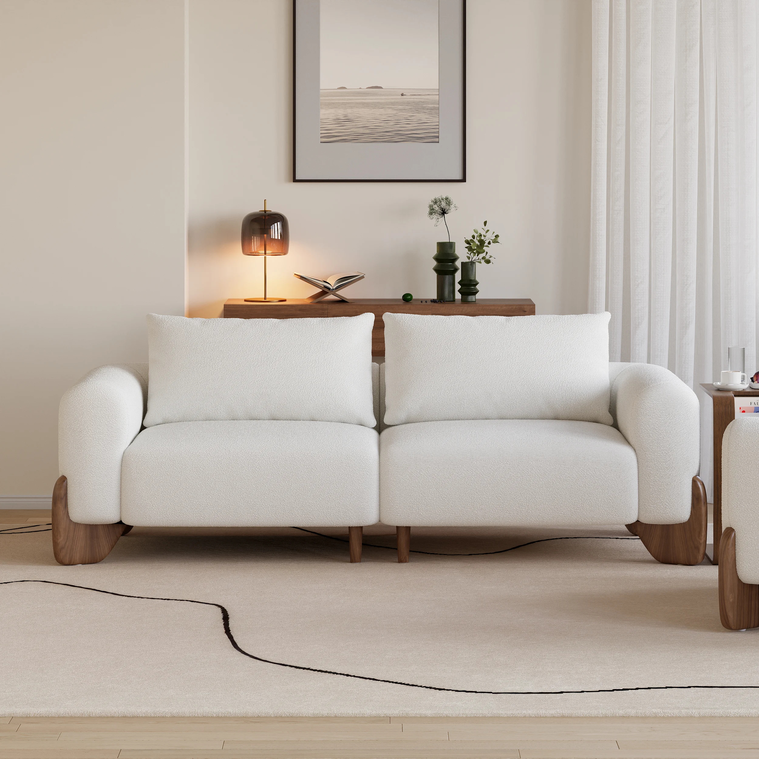 White upholstered sofa with wooden legs in a cozy modern living room