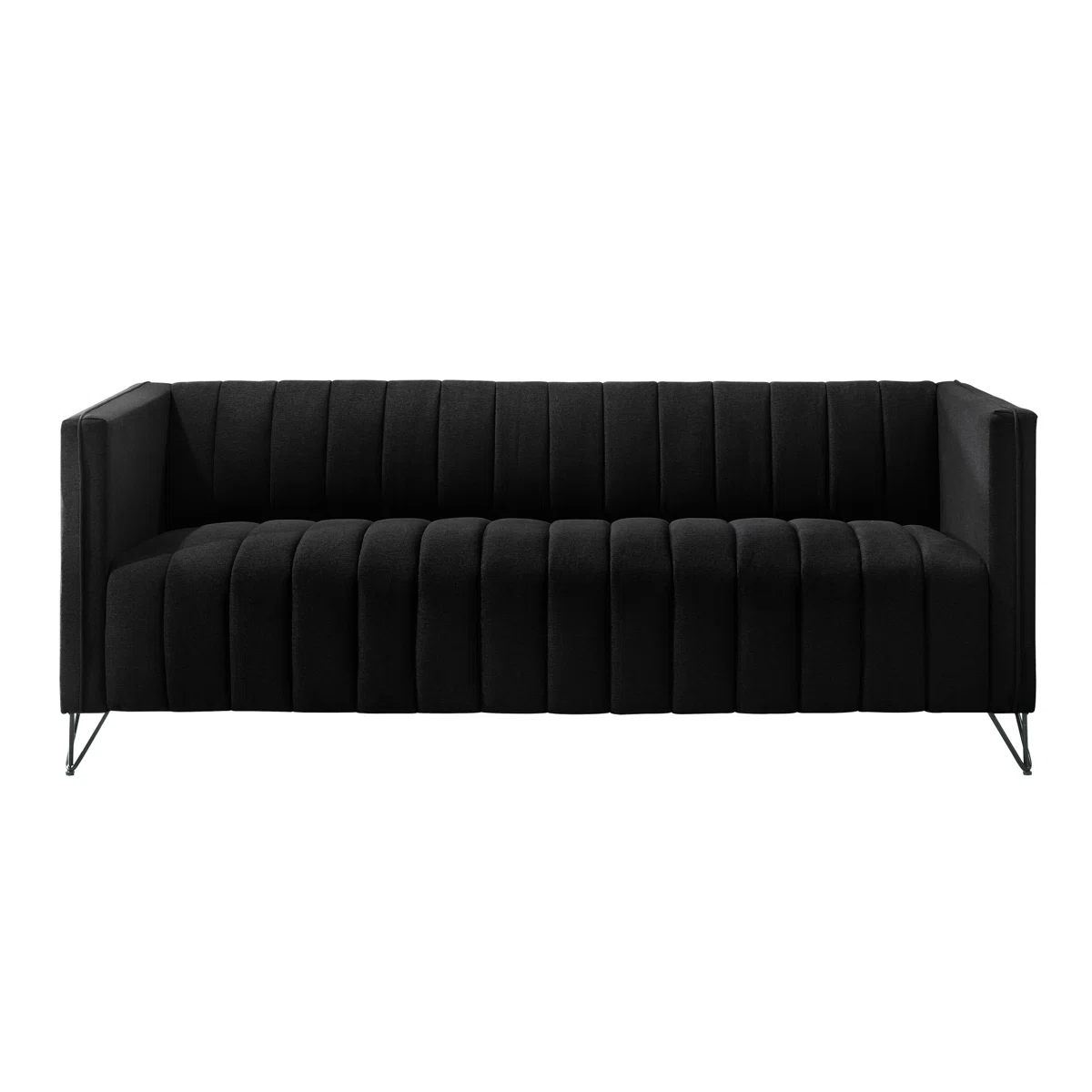 Black tufted sofa with straight arms and metal legs, partially covered by a purple design overlay