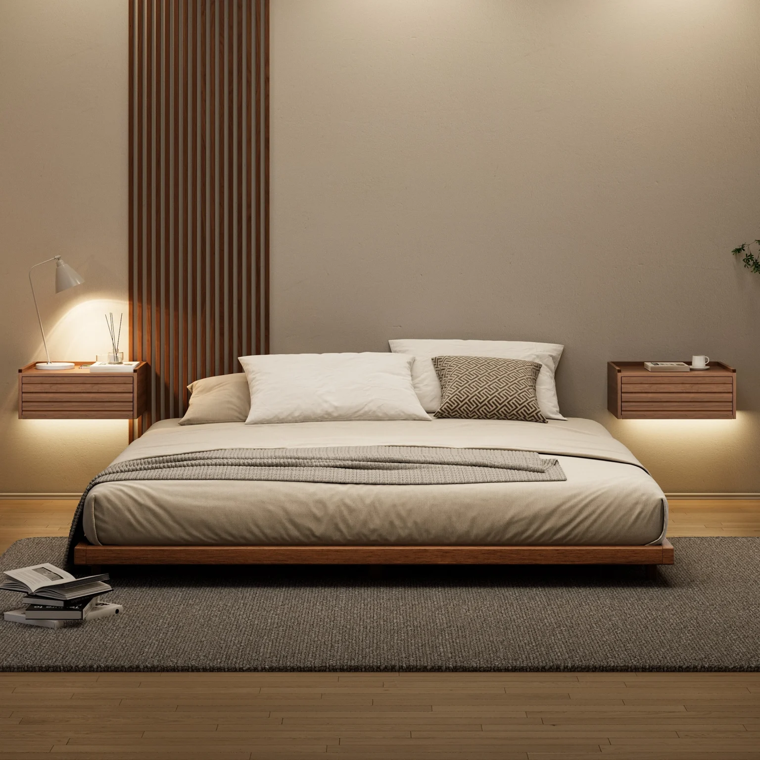 Wooden bed with beige and gray bedding, floating nightstands, and soft lighting in a minimalist bedroom