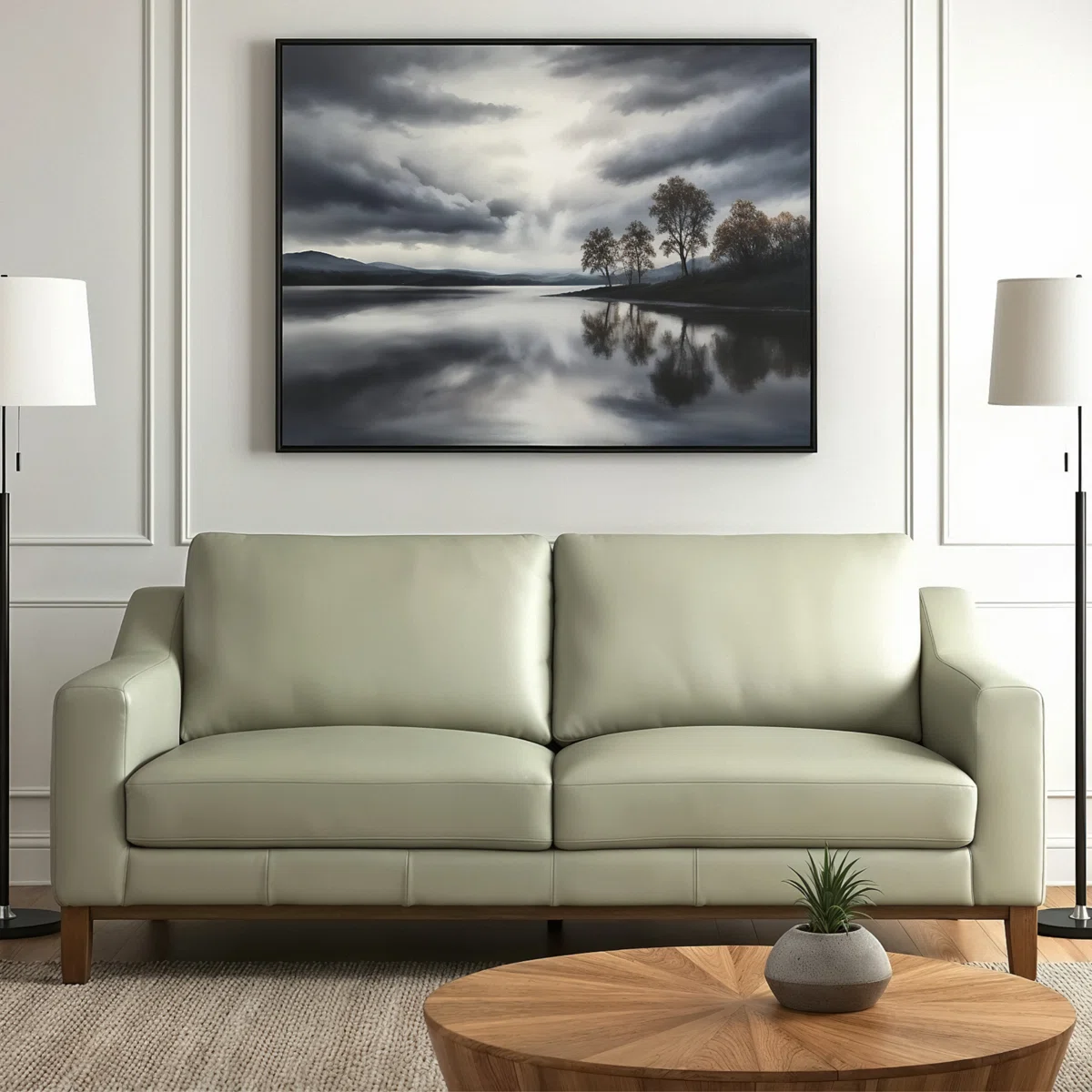 Modern beige leather sofa with two cushions and wooden legs in a stylish room with coffee table and plant.