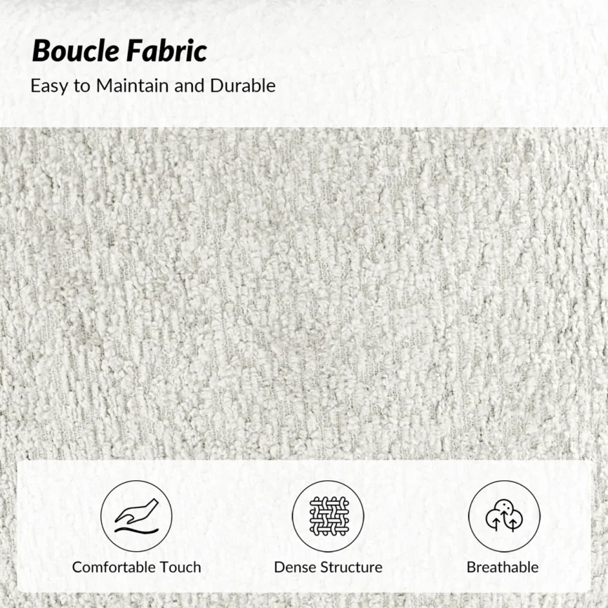 Lexie Sofa in light gray boucle with curved backrest, seashell pillow, and wooden legs in modern room
