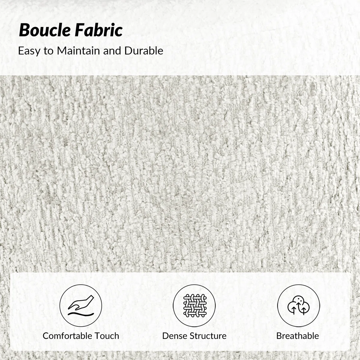 Lexie Sofa in light gray boucle with curved backrest, seashell pillow, and wooden legs in modern room
