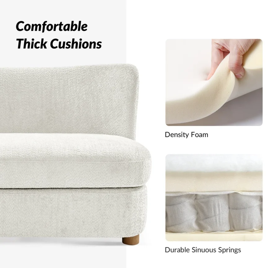 Lexie Sofa in light gray boucle with curved backrest, seashell pillow, and wooden legs in modern room