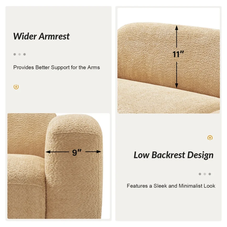 Modern beige sofa with rounded armrests and oak legs in a minimalist living room setting
