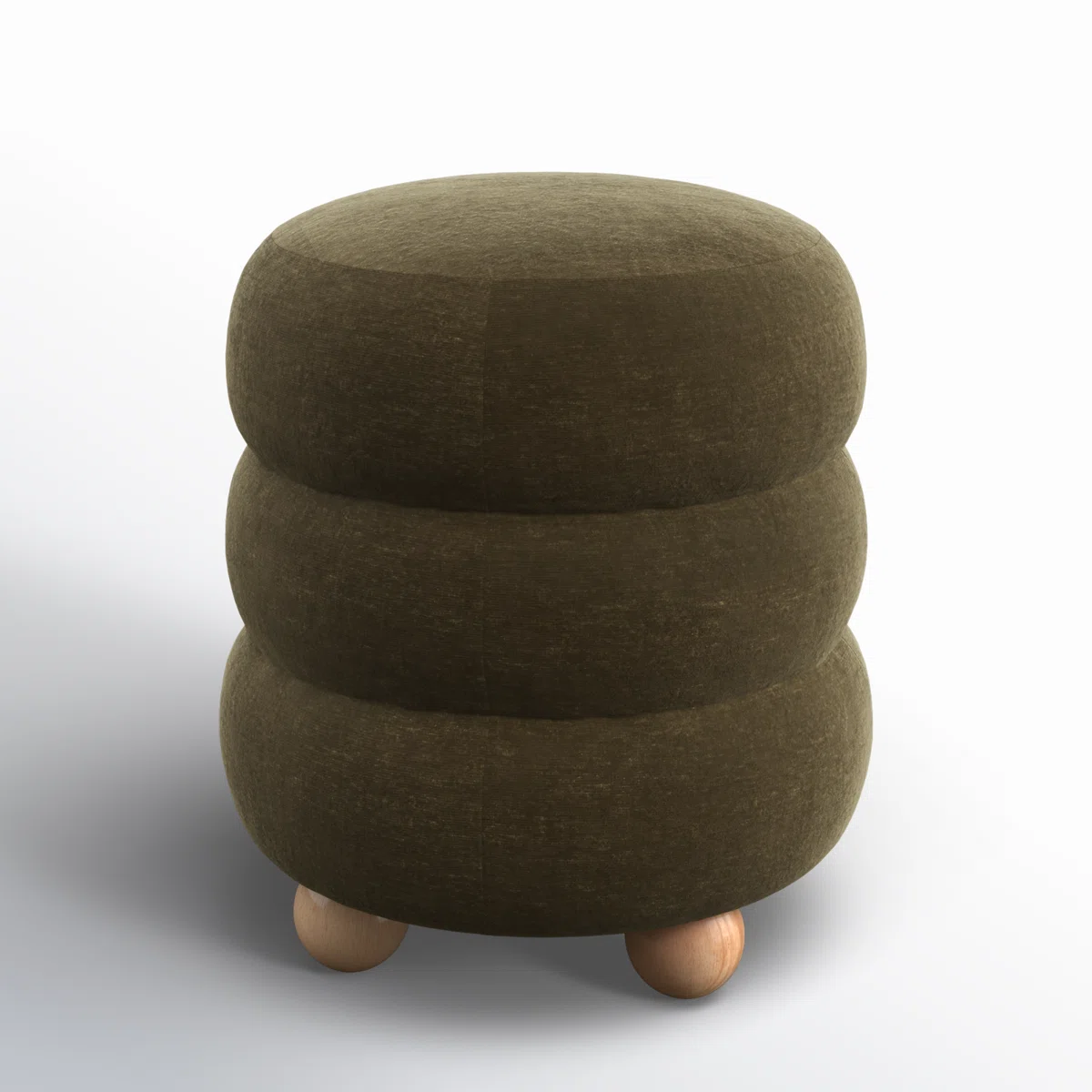 dark olive green velvet ottoman with layered cylindrical design and light wood ball feet in modern interior