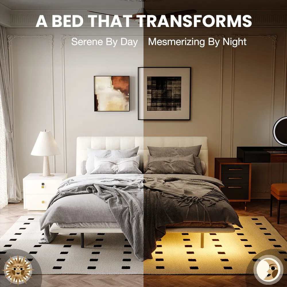 A modern bedroom featuring a neatly made bed with a padded headboard and white comforter.