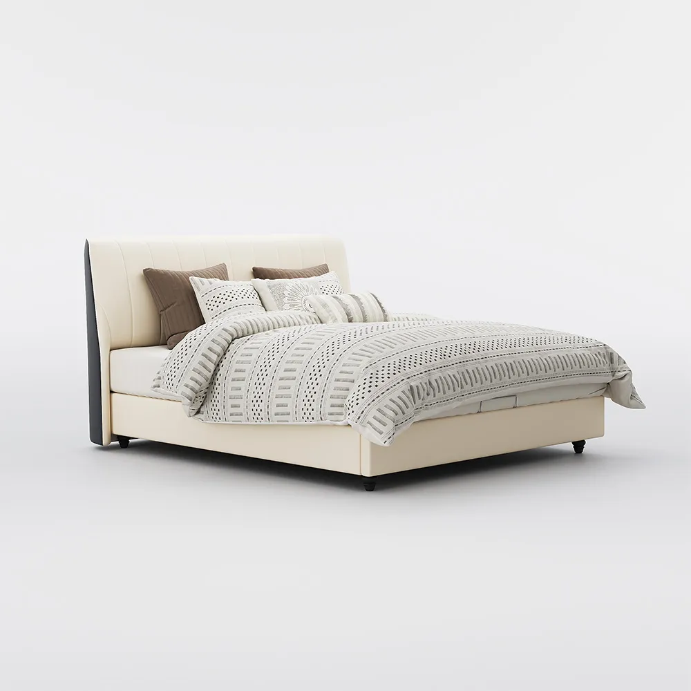 A modern bedroom featuring the Luna Beige Leather Bed, styled with a neutral-toned comforter and five decorative pi
