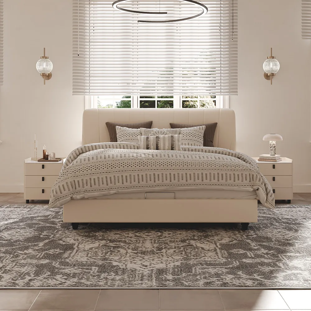 Luna Beige Leather Bed with neutral bedding, decorative pillows, and modern nightstands in a sunlit bedroom.