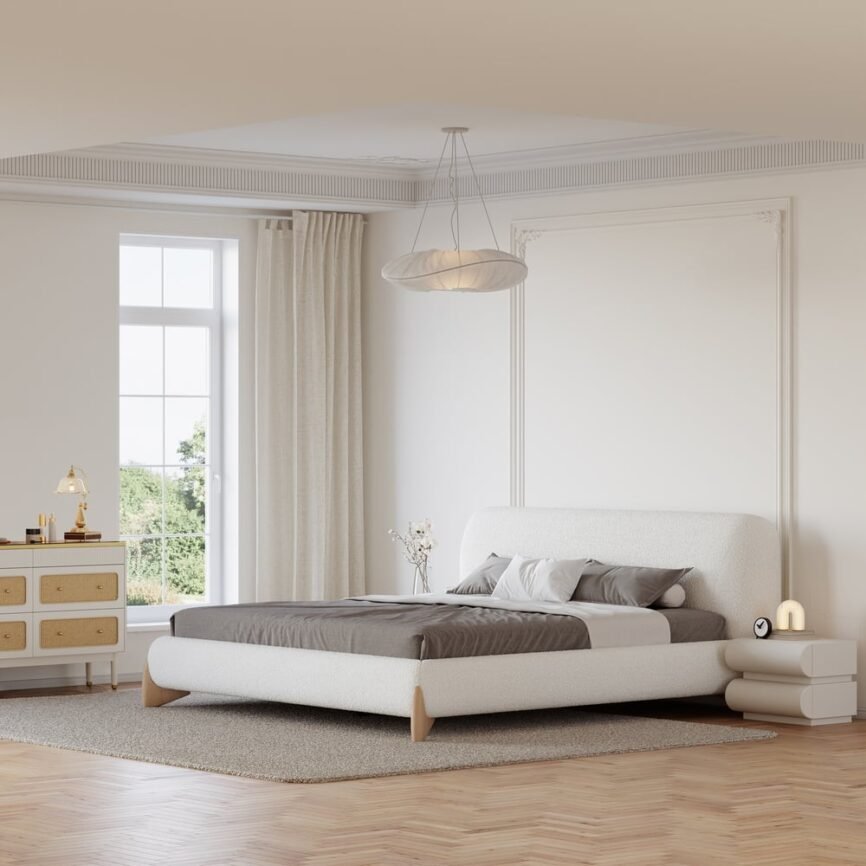 White boucle upholstered bed with padded headboard, gray bedding, and white nightstands in a minimalist bedroom.